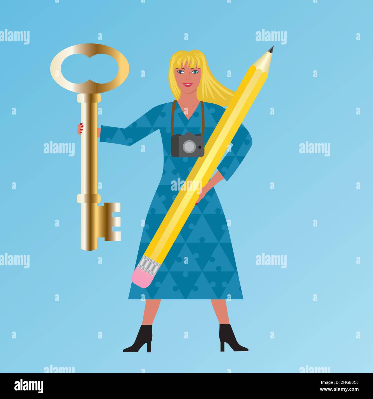 Woman with golden key, pencil and camera. Puzzle pieces on the dress. Vector illustration. Stock Vector