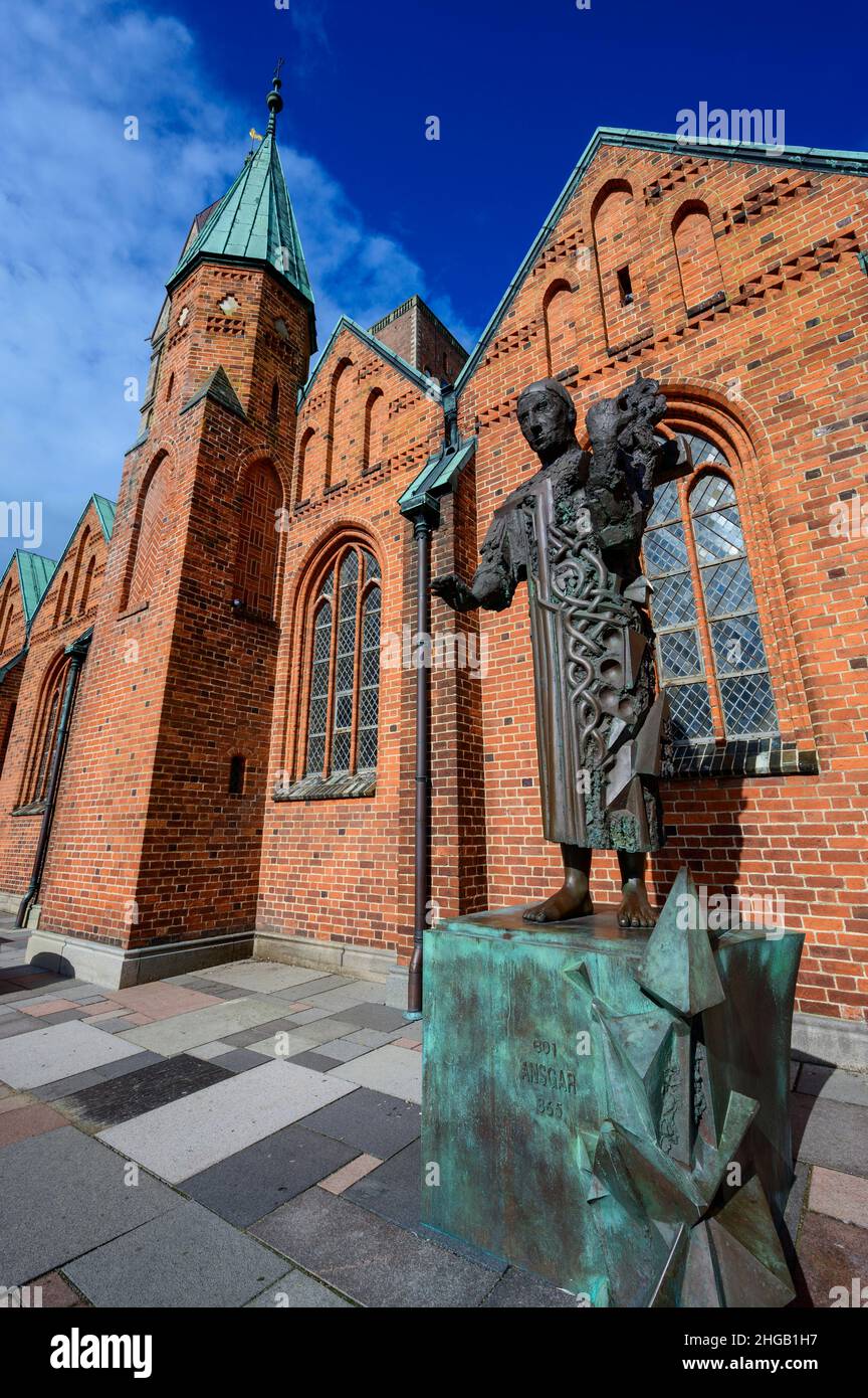 Statue of Ansgar, a missionary monk from Hamburg, at Ribe Cathedral Stock Photo