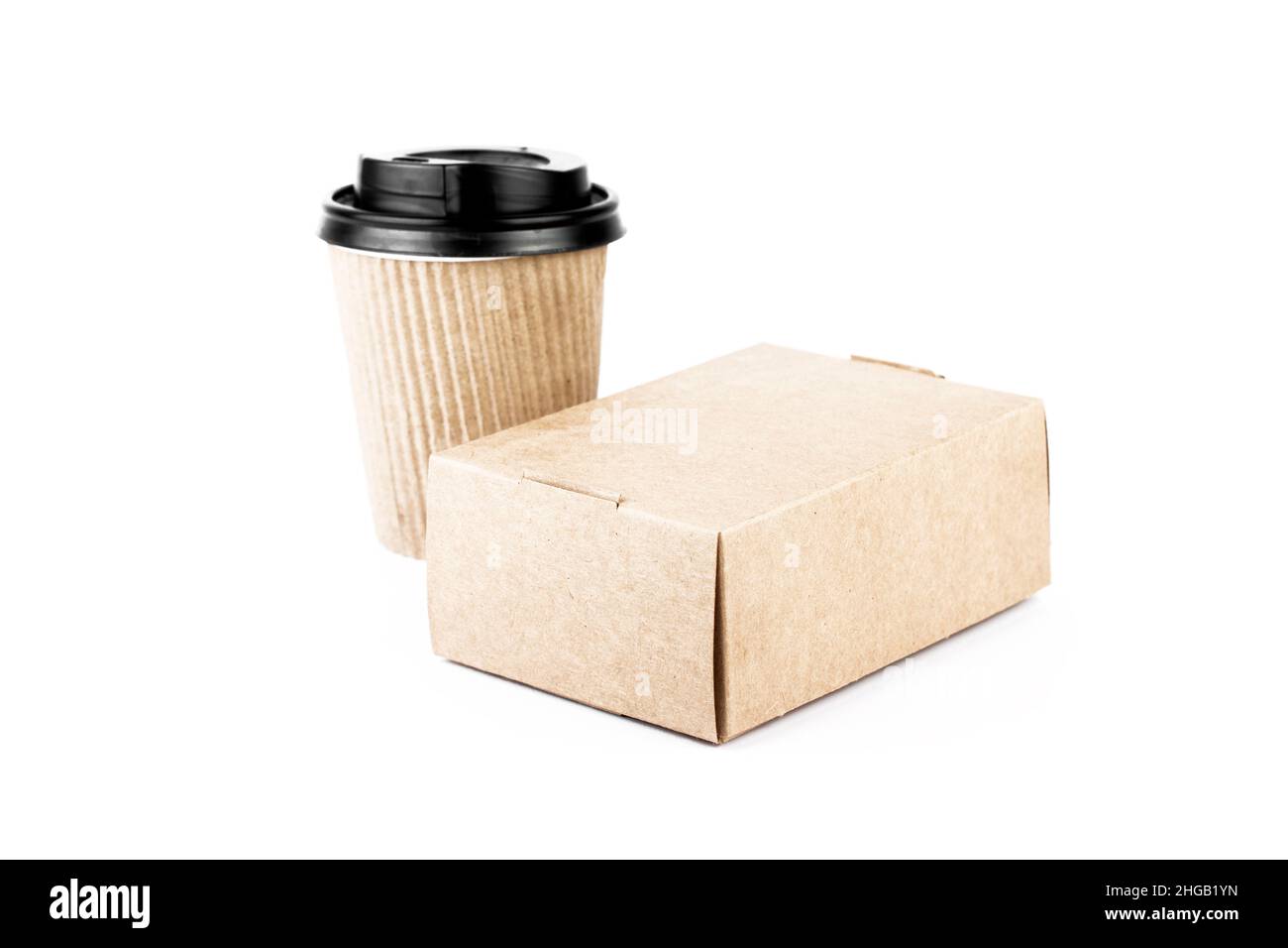 Kraft paper coffee cup and meal box isolated on white background. Take away delivery concept. Part of set. Stock Photo