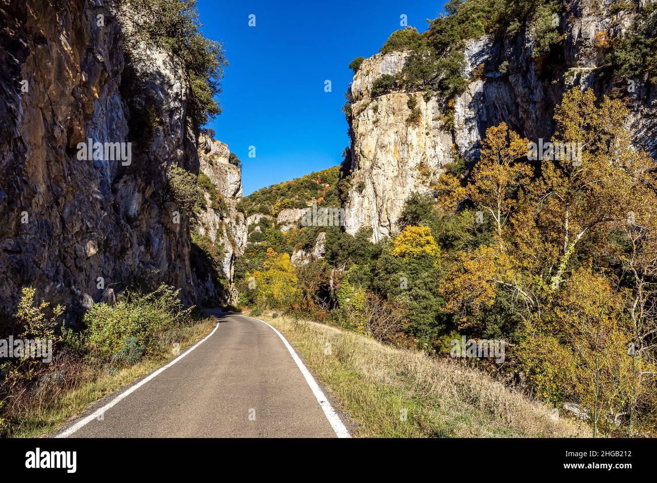 Driving through Foz de Arbayun canyon of Salazar River in the Pyrenees in Navarre Autonomous Community of Spain, Europe Stock Photo