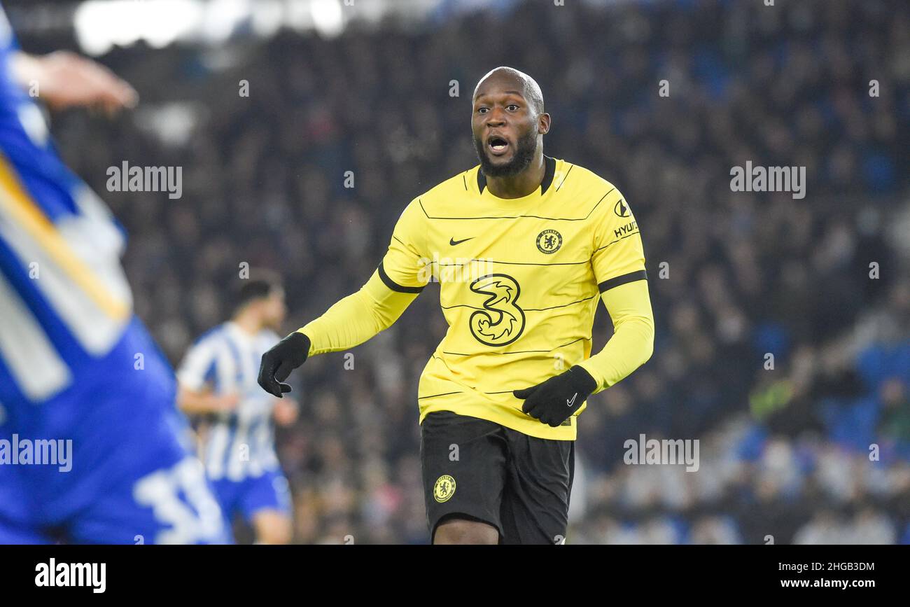 Romelu Lukaku of Chelsea  during the Premier League match between  Brighton & Hove Albion and Chelsea at The Amex Stadium , Brighton, UK - 18th January 2022 -Photo Simon Dack / Telephoto Images   Editorial use only. No merchandising. For Football images FA and Premier League restrictions apply inc. no internet/mobile usage without FAPL license - for details contact Football Dataco Stock Photo