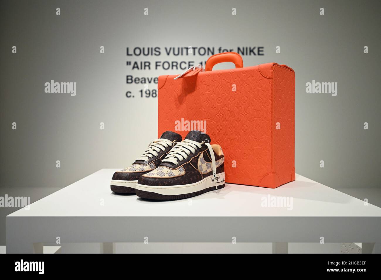 Preview of a pair of Louis Vuitton and Nike “Air Force 1” by Virgil Abloh  sneakers on display at Sotheby's Fine Arts company in New York, NY, January  19, 2022. 200 pairs