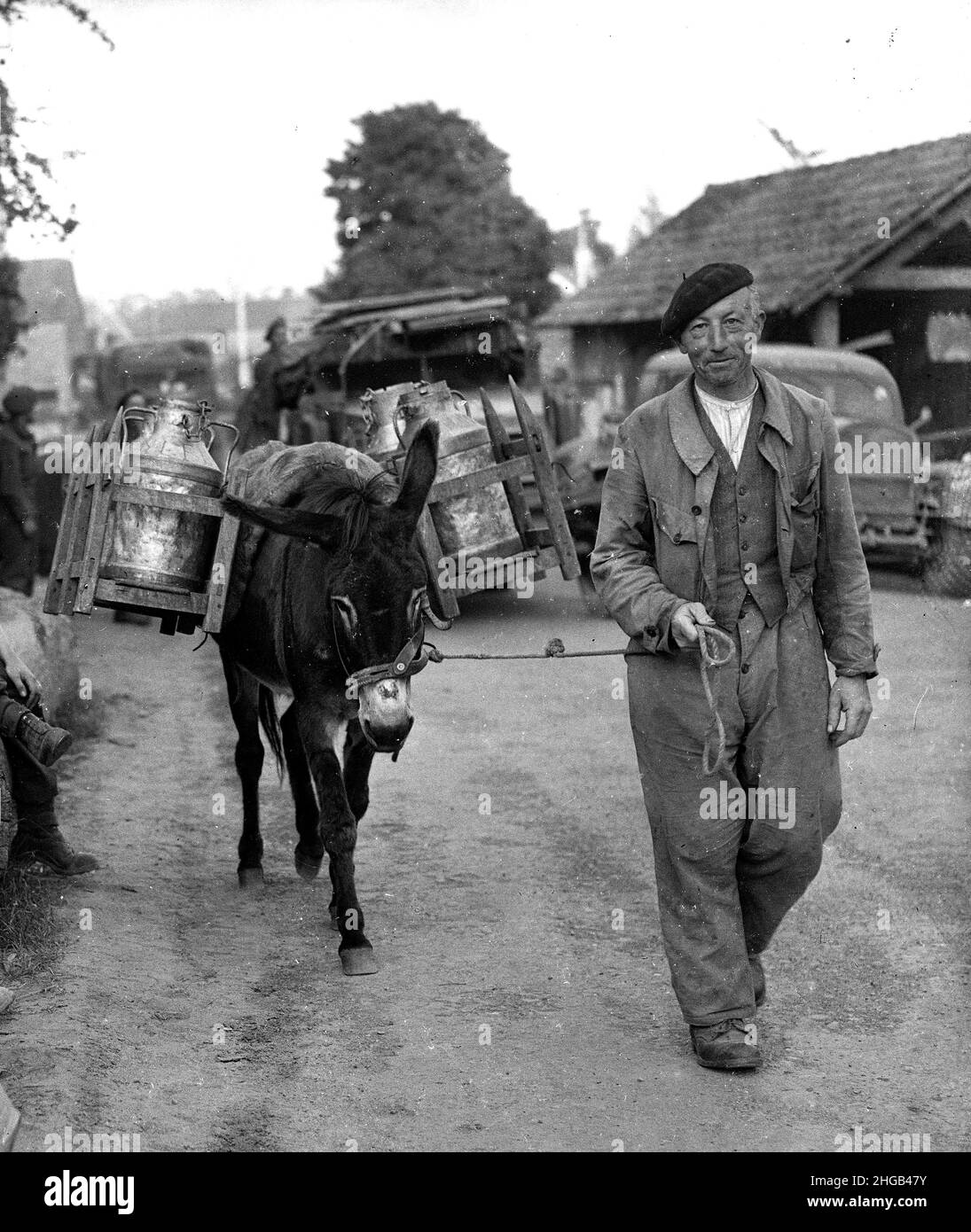Northern France World War Two 1944 british soldiers watching French farmer delivering milk with a donkey. LARGER FILES AVAILABLE ON REQUEST Stock Photo