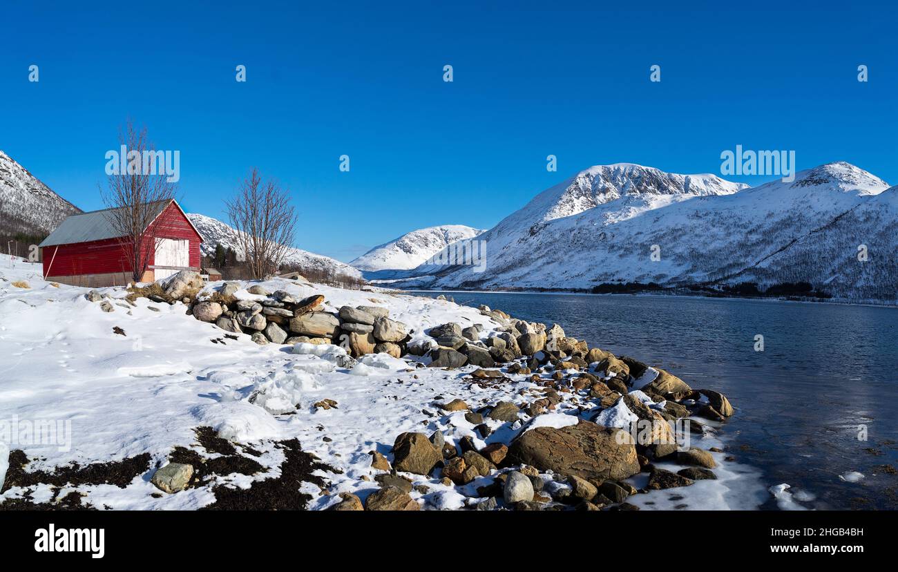 View along the fjord with a red boathouse at Nordfjordsbotn, Kvaloya, Tromso, Norway Stock Photo