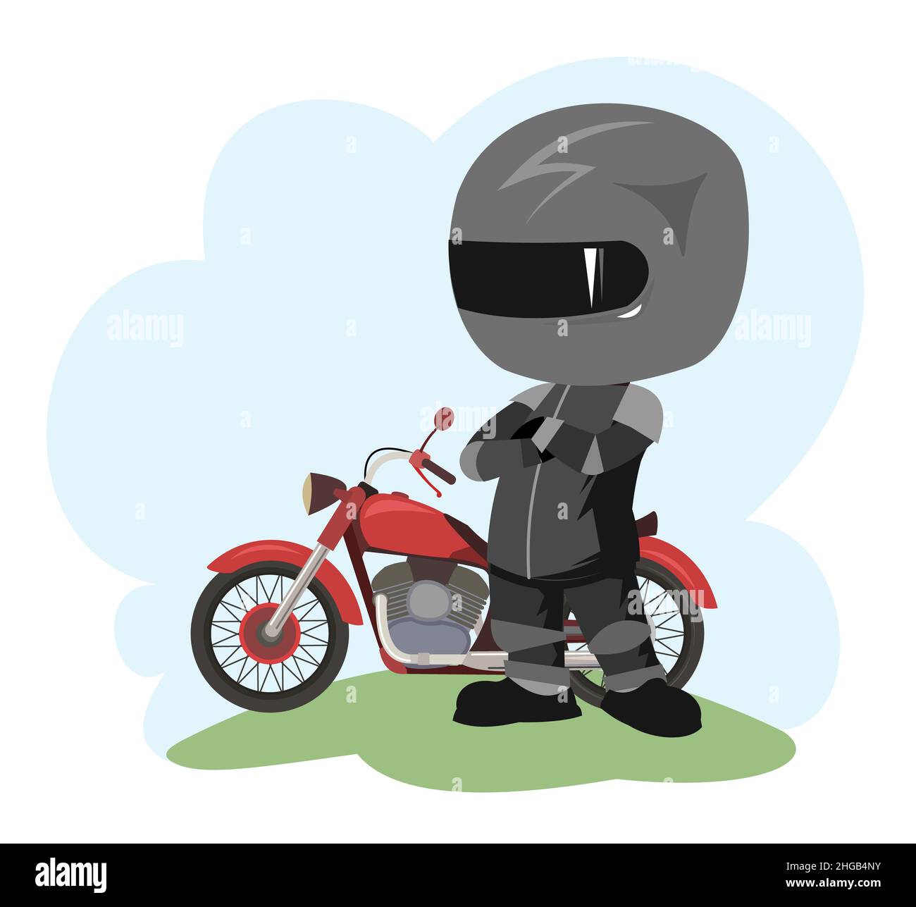 Biker cartoon. Child illustration. To stand. Sports uniform and helmet.  Cool motorcycle. Chopper bike. Funny motorcyclist. Isolated on white Stock  Photo - Alamy