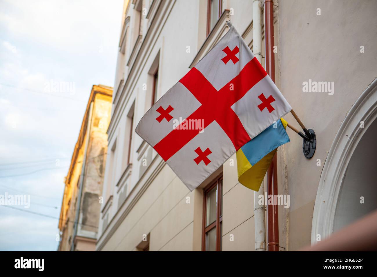 georgia and ukraine flag on the wall copy space Stock Photo