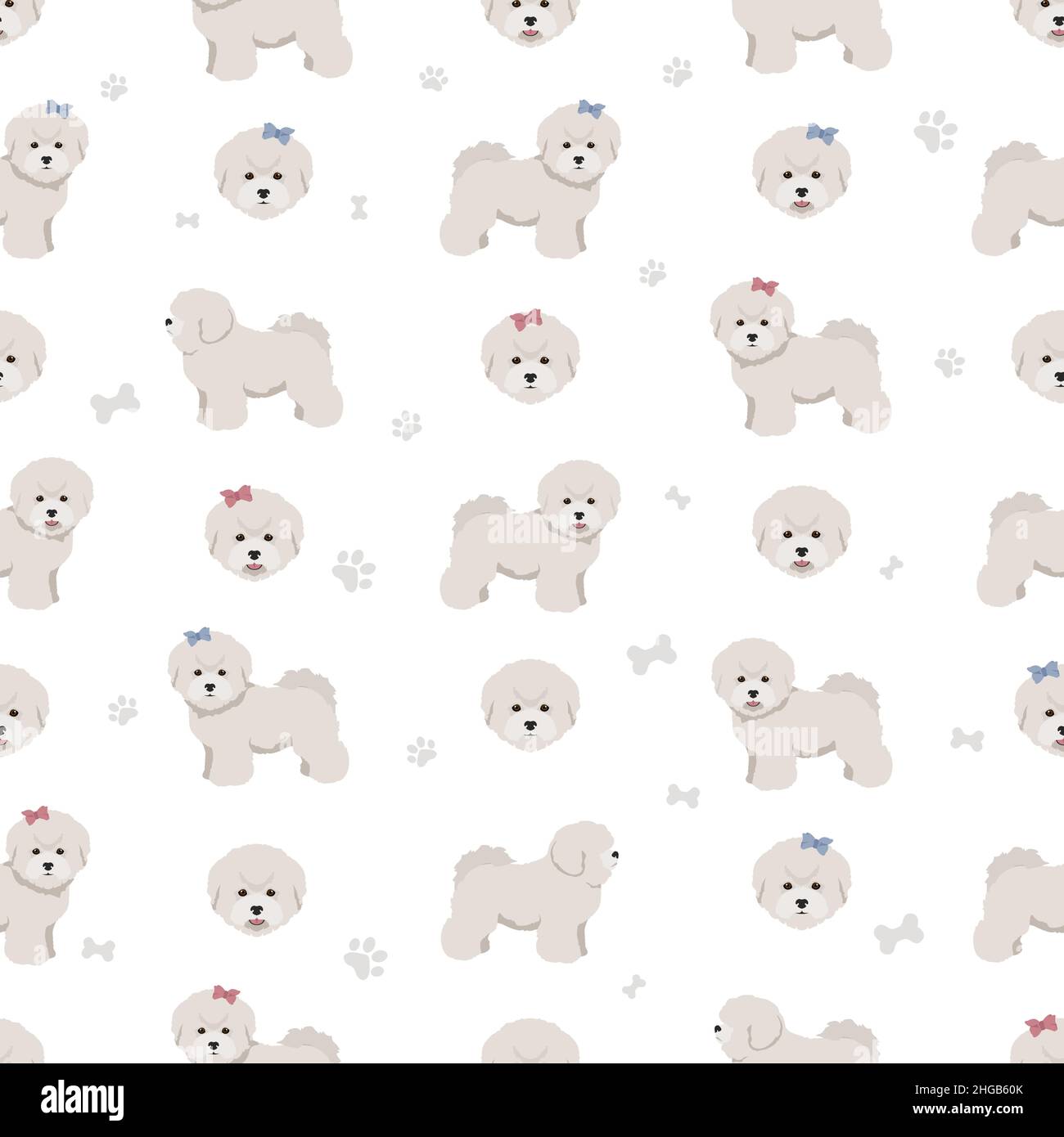 Bichon frise Teacup seamless pattern. Different coat colors and poses set.  Vector illustration Stock Vector