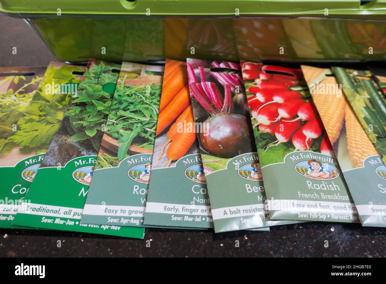 Seed packets made and sold by Mr. Fothergill's Stock Photo