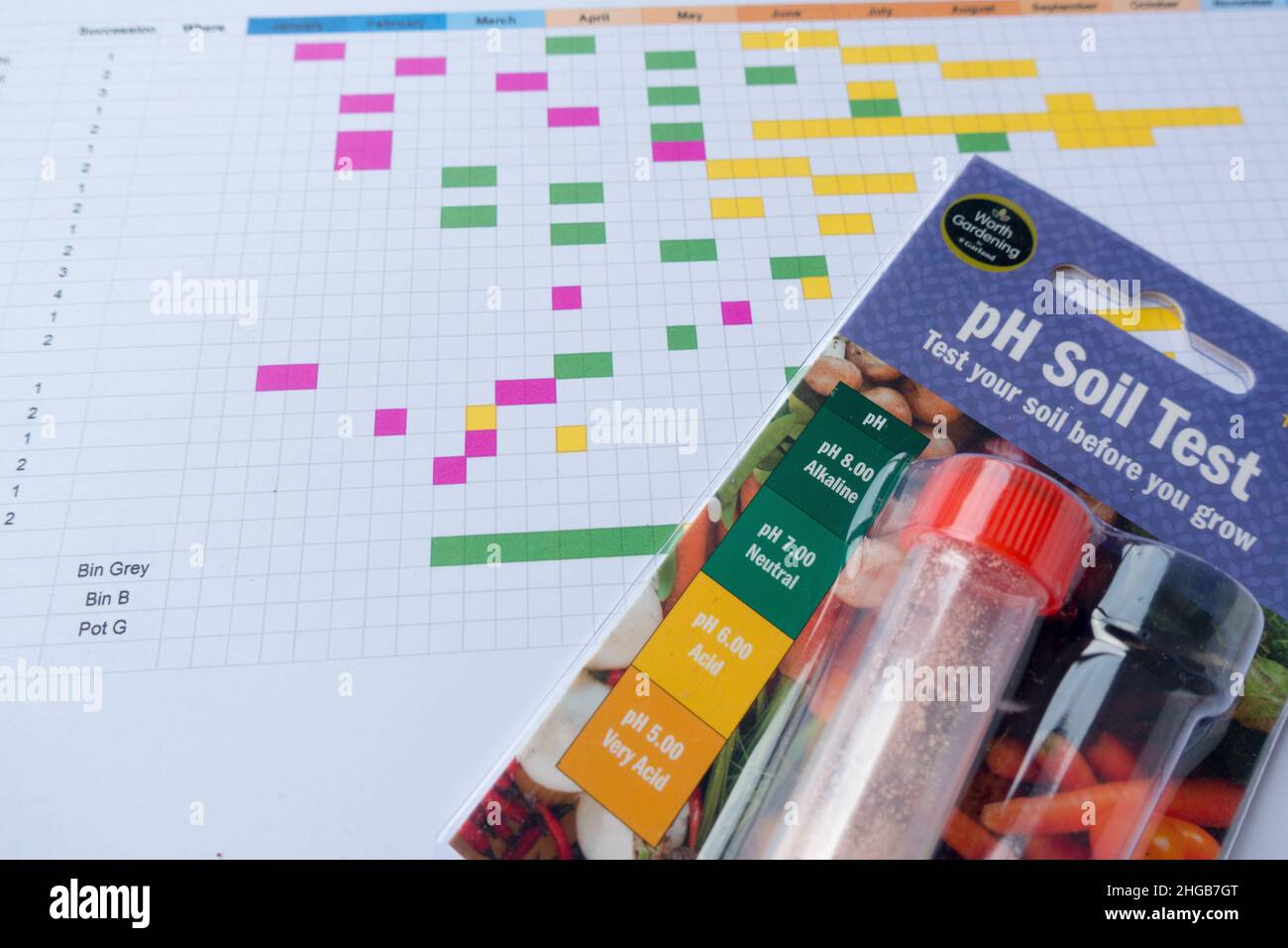 Soil PH test kit alongside a gardening planning calendar Stock Photo