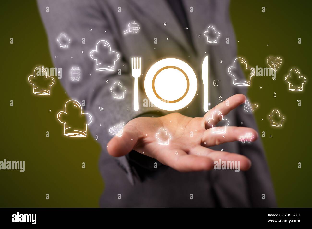 Hand holding food related icons Stock Photo - Alamy
