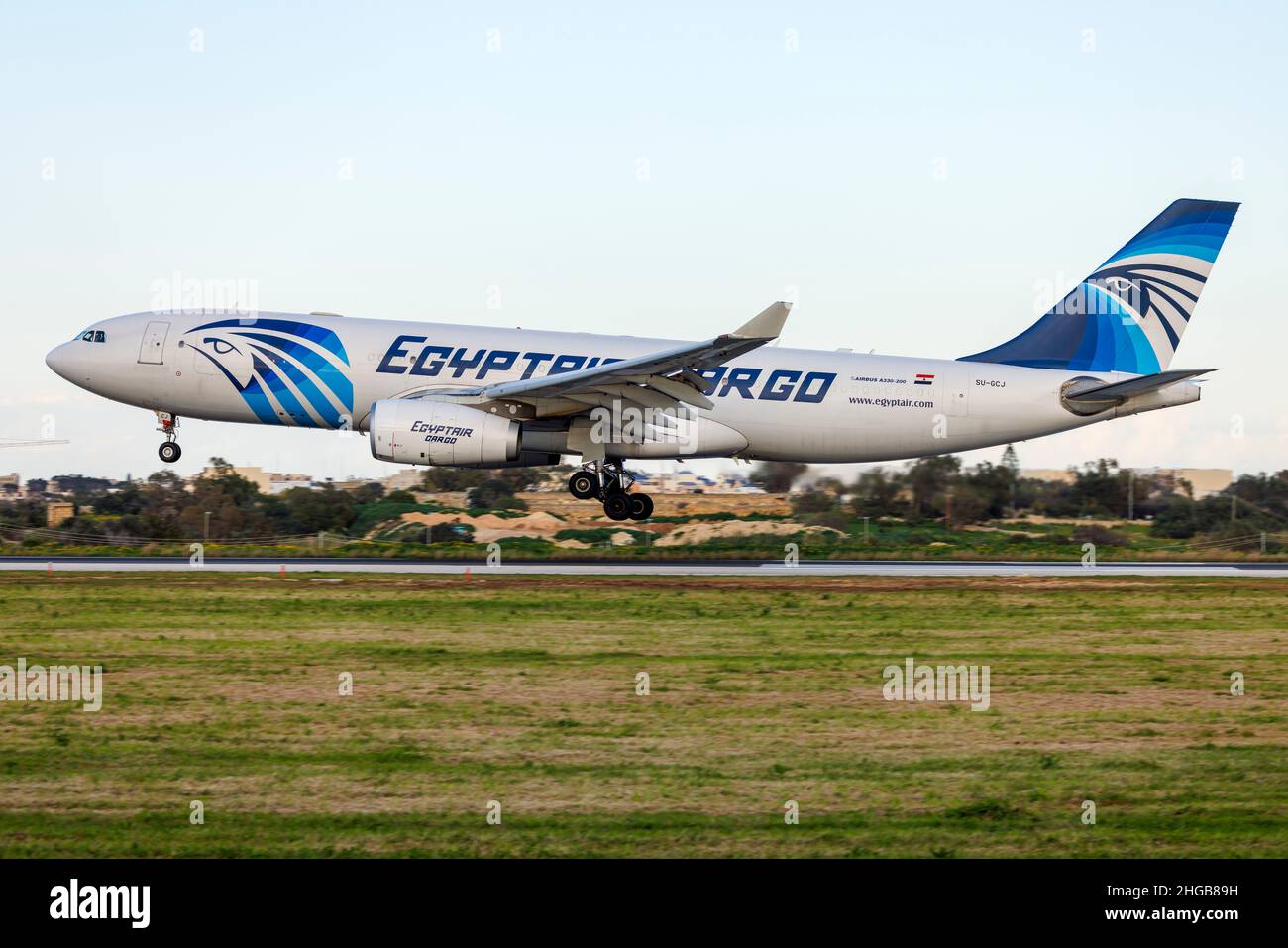 EgyptAir Cargo Airbus A330-243(P2F) (REG: SU-GCJ) arriving from London Heathrow. Stock Photo