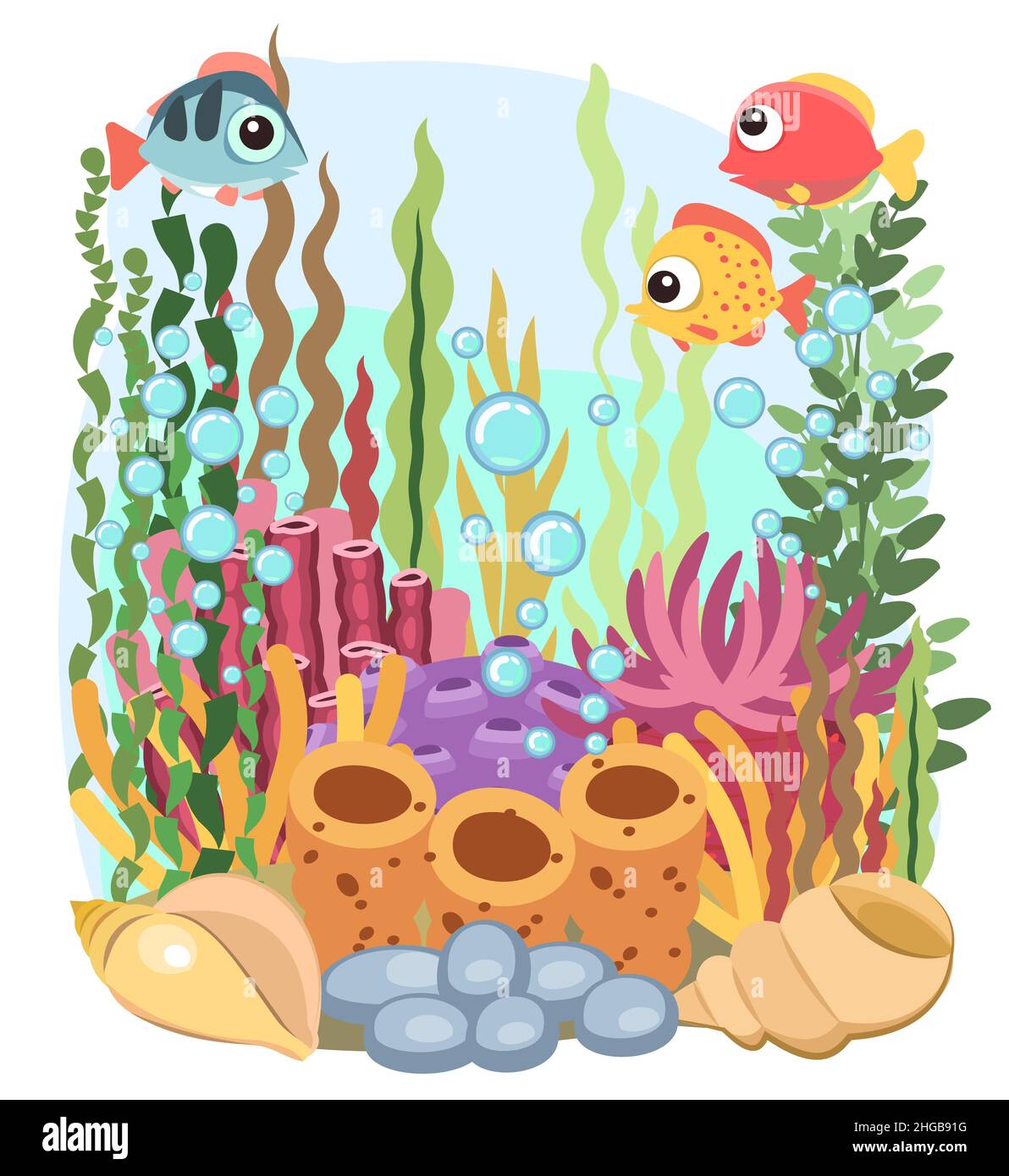 Coral reef. Bottom of reservoir. Sea ocean. Underwater. Landscape with  fish, plants, algae and corals. Bubbles. Isolated. Illustration in cartoon  Stock Photo - Alamy