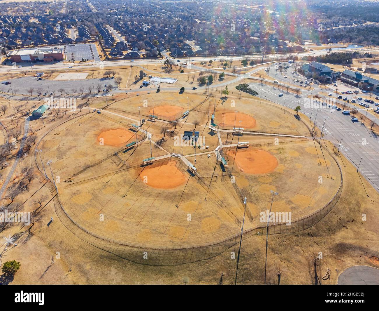 Aerial view of the baseball field around Mitch Park at Edmond, Oklahoma