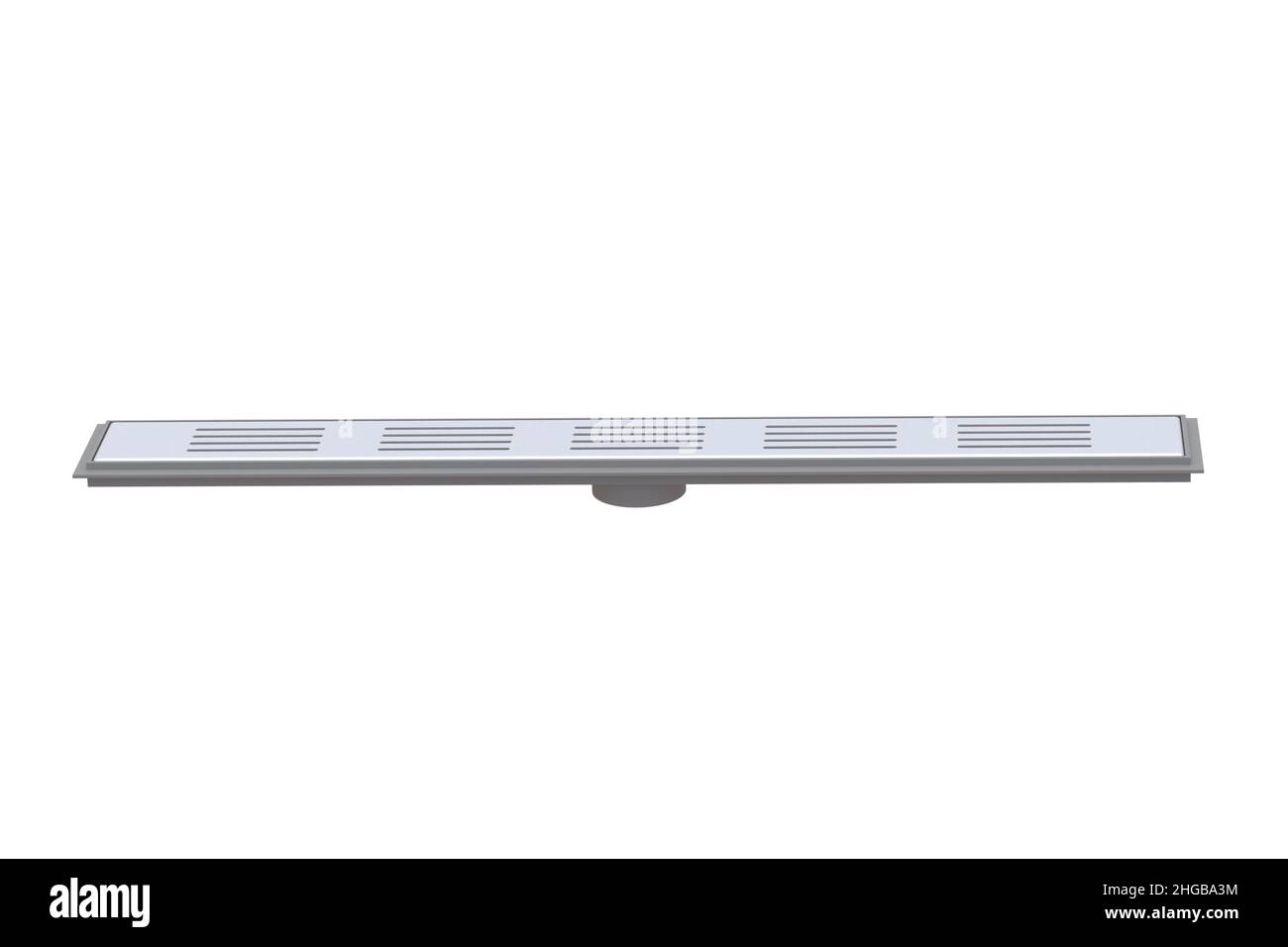 Long rectangular shower drain with stainless grid isolated on white ...