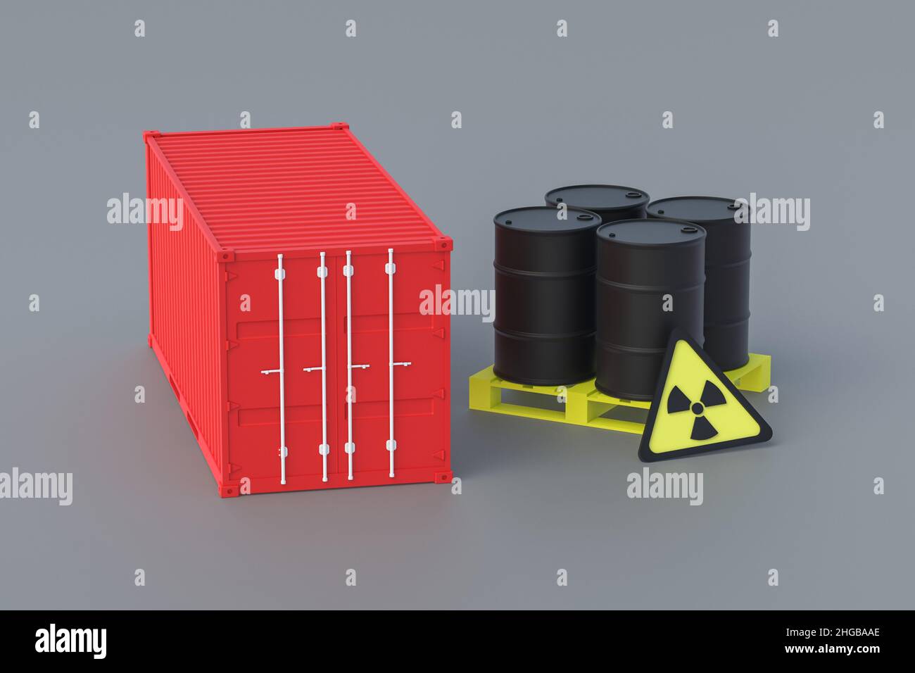 Freight container on pallet near barrel and sign of radiation. The