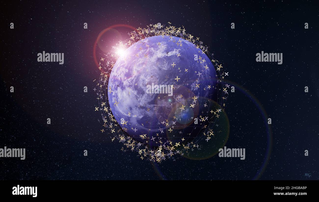 Evocation of space debris. Hundreds of satellites orbiting the earth. Elements of this photo furnished by NASA. 3d rendering. Stock Photo