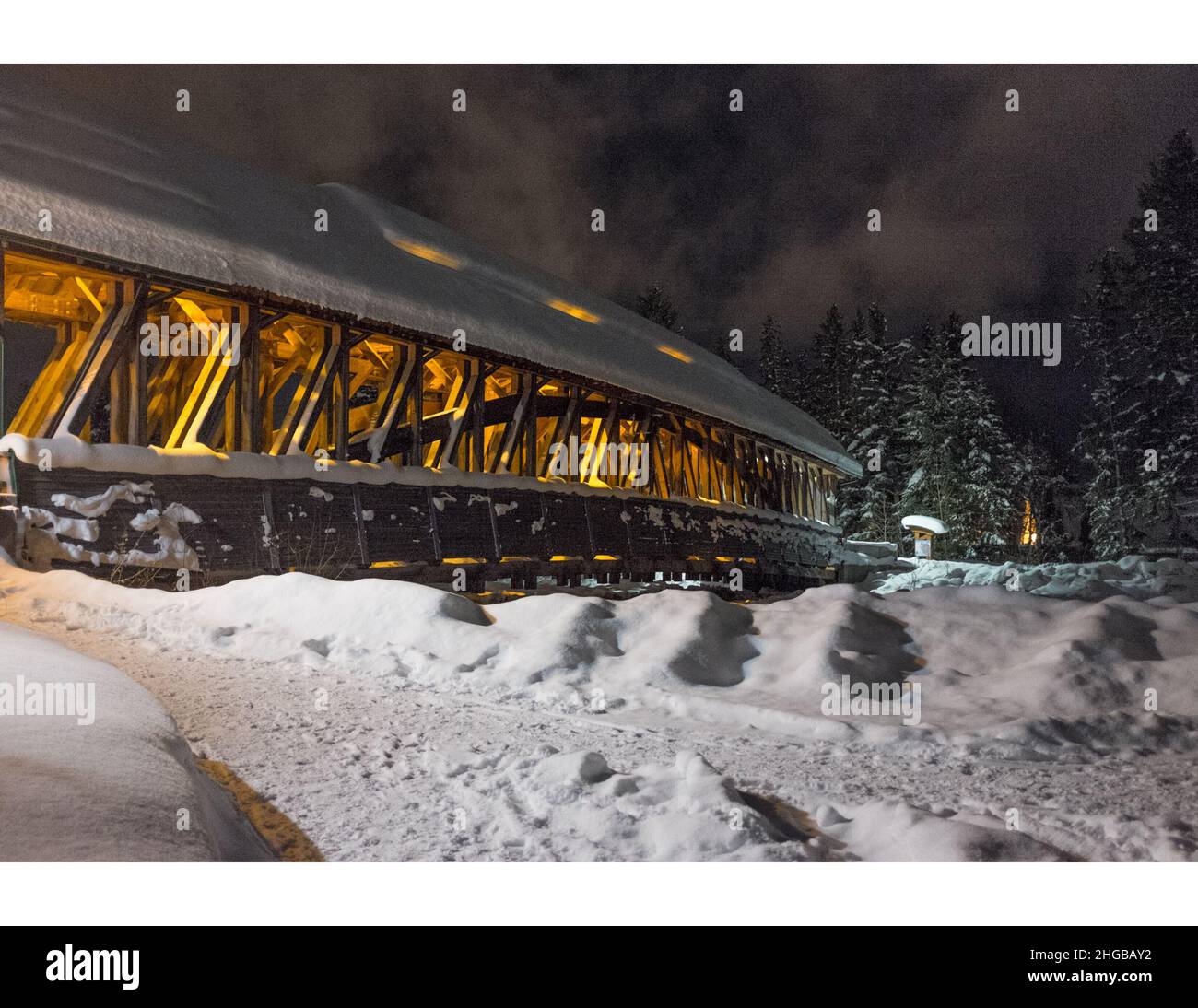 The Kicking Horse pedestrian Bridge in Golden, BC, Canada, in winter. Stock Photo