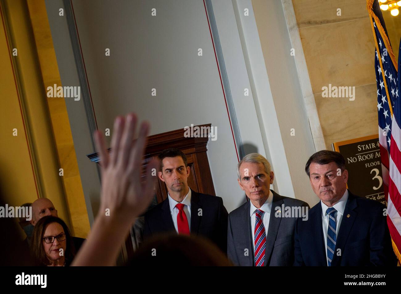United States Senator Tom Cotton (Republican of Arkansas), left, United States Senator Rob Portman (Republican of Ohio), center, and United States Senator Mike Rounds (Republican of South Dakota), right, wait to respond to questions from reporters as GOP members of the Senate Committee on Armed Services and the Senate Committee on Foreign Relations offer remarks on the current situation between Russia and the Ukraine, in the Russell Senate Office Building in Washington, DC, Wednesday, January 19, 2022. Credit: Rod Lamkey/CNP Stock Photo