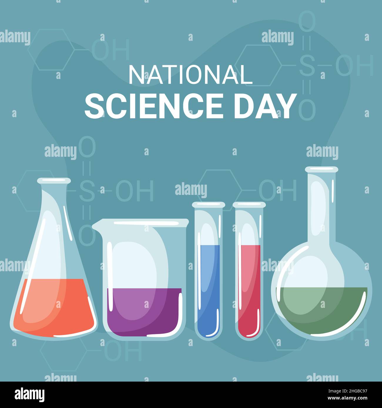 national science day with erlenmeyer flask, beaker, test tubes and