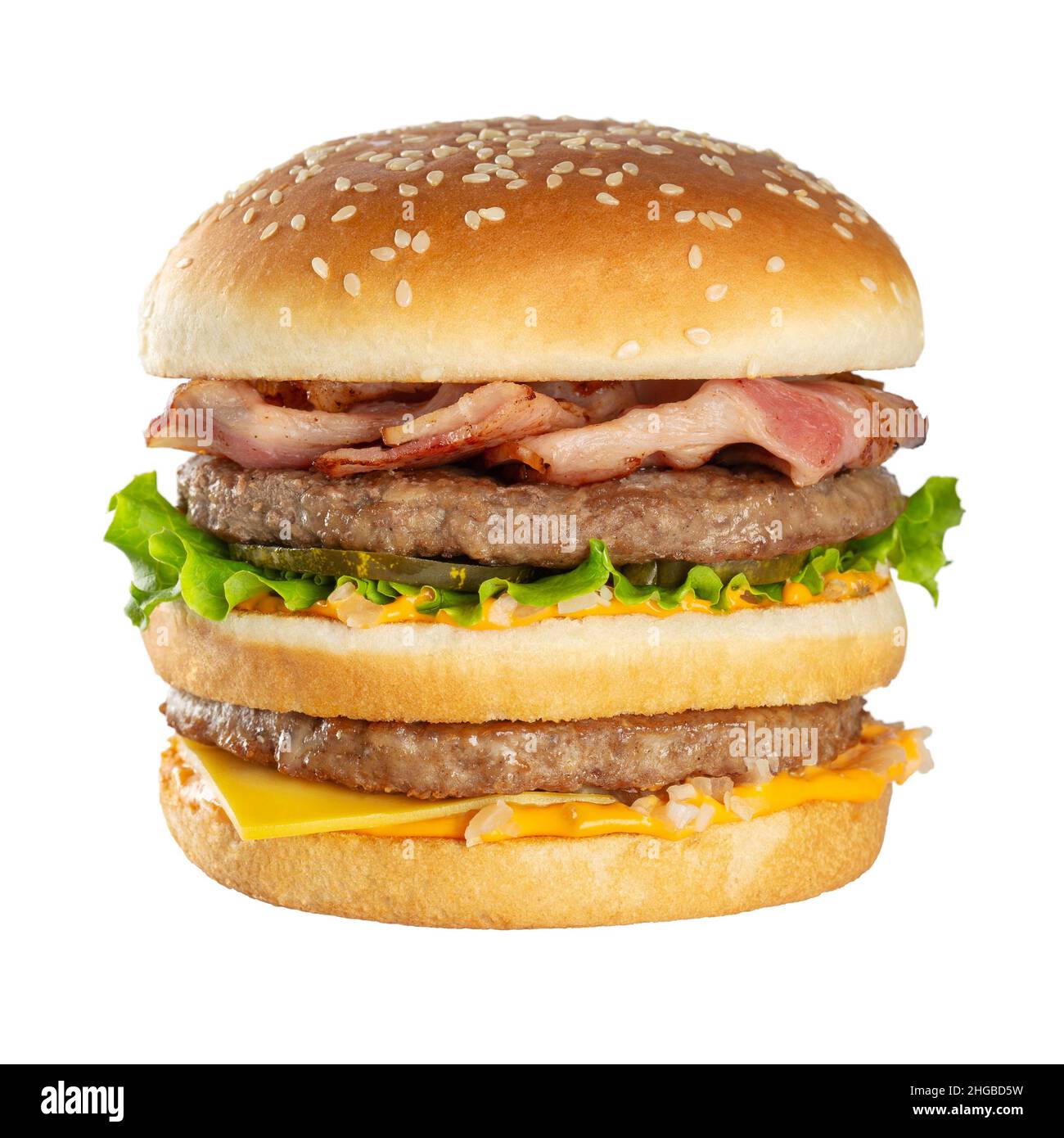 Appetizing burger with beef cutlet. Isolated on white background. Stock Photo
