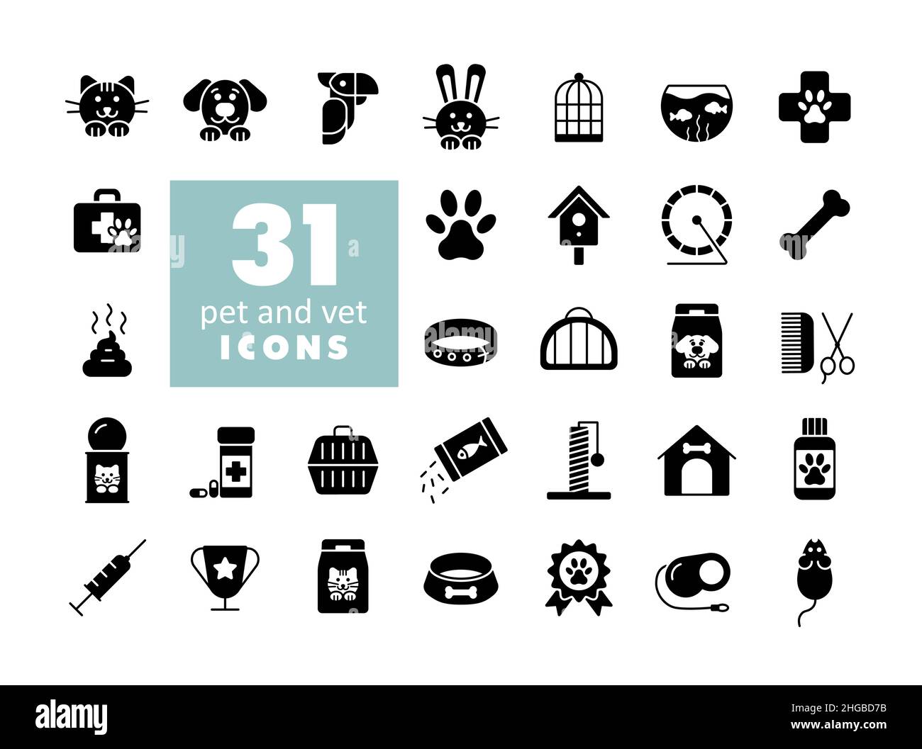 Pet and vet vector glyph icon set. Graph symbol for pet and veterinary ...