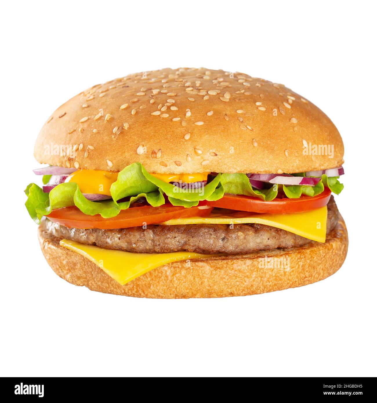 Appetizing burger with beef cutlet. Isolated on white background. Stock Photo