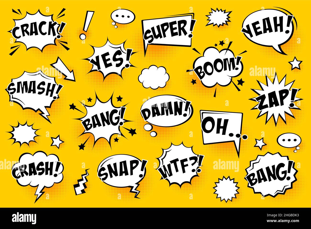 Comic speech bubbles with halftone shadows and text on yellow ...
