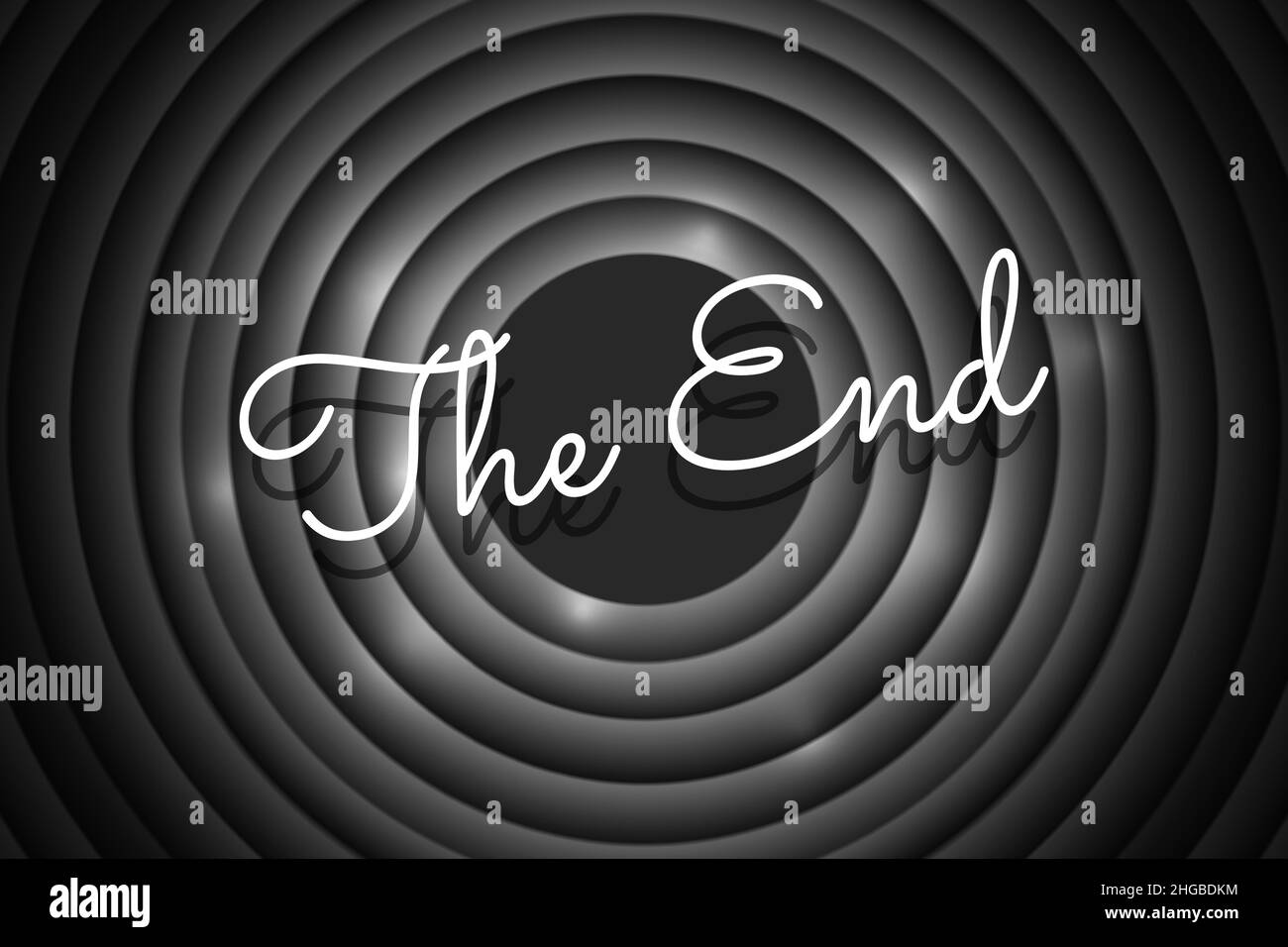 The End handwrite title on black and white round background. Old cinema movie circle ending screen. Vector noir promotion poster design template eps illustration Stock Vector