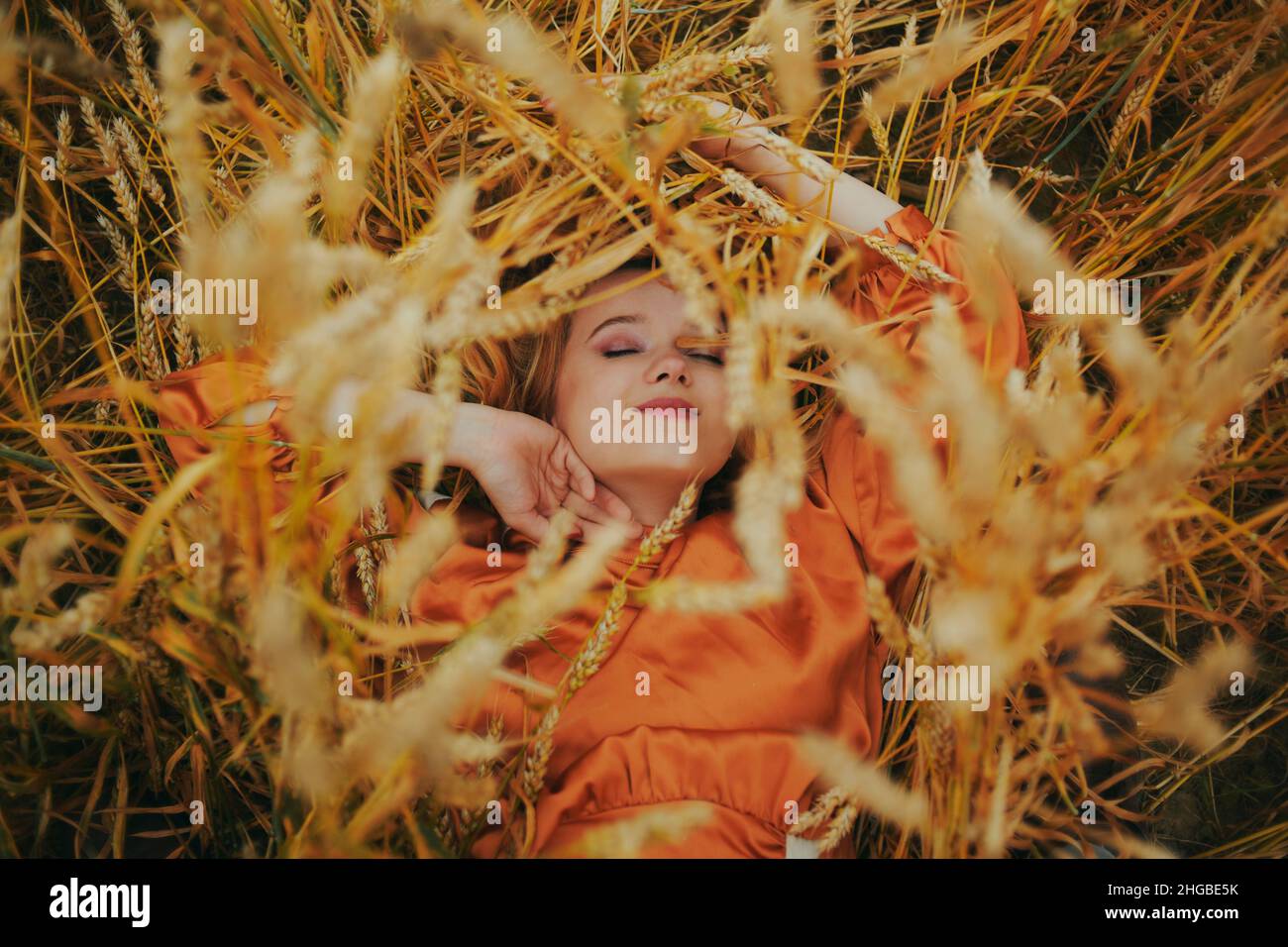 The girl in wheat lies in a dress and laughs. Golden spikelets of ...