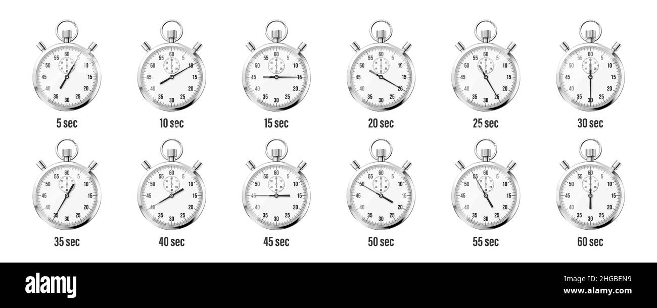 Realistic classic stopwatch icons. Shiny metal chronometer, time