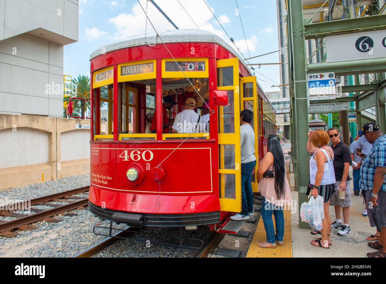 RTA Streetcar Riverfront Line Route 2 at Canal Street station in French Quarter in downtown New Orleans, Louisiana LA, USA. Stock Photo