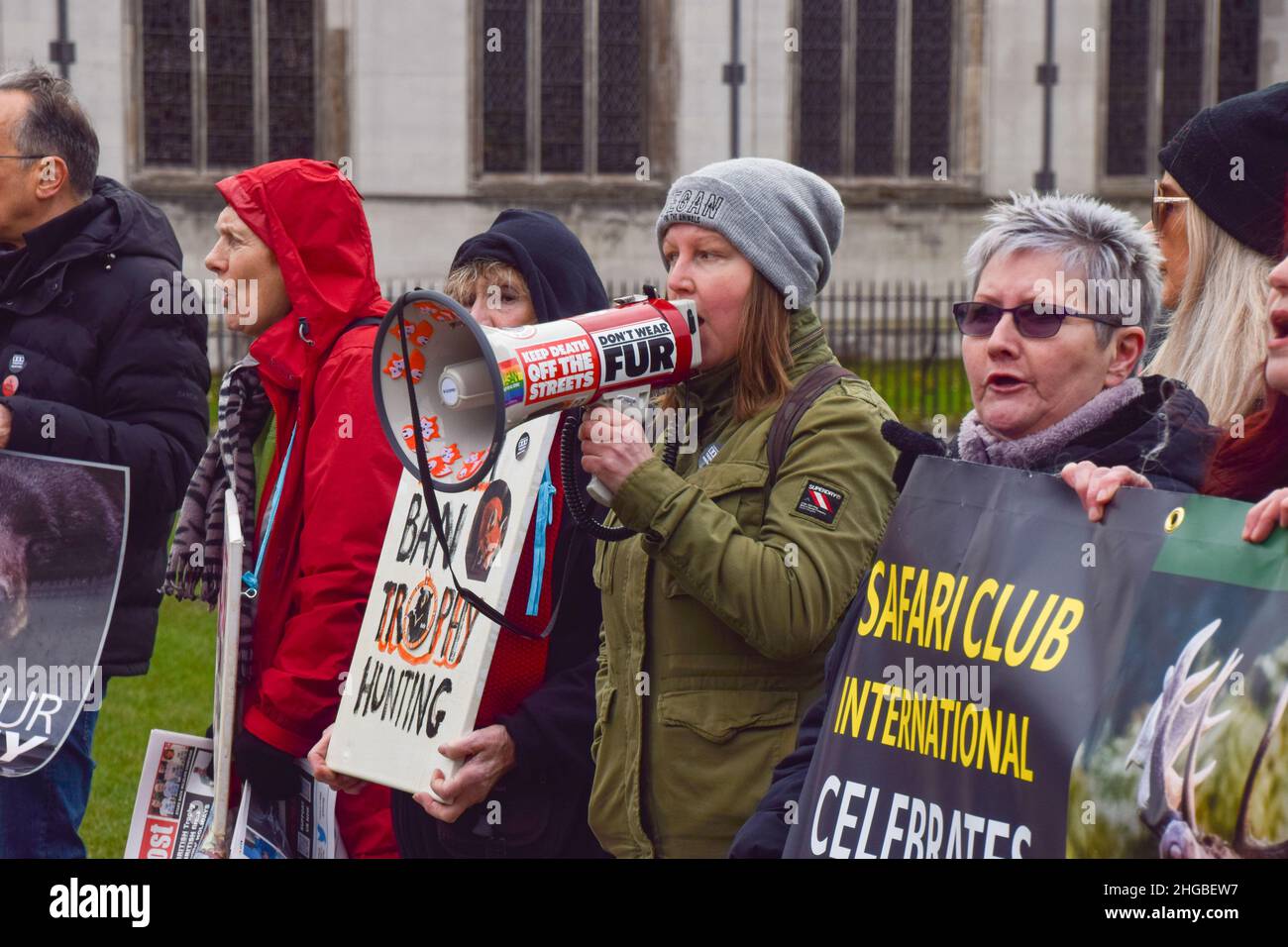 London, UK. 19th Jan, 2022. A protester chants slogans through a megaphone during the Worldwide Rally Against Trophy Hunting.Activists gathered at Parliament Square calling for a ban on trophy hunting and trophy hunting imports. Credit: SOPA Images Limited/Alamy Live News Stock Photo