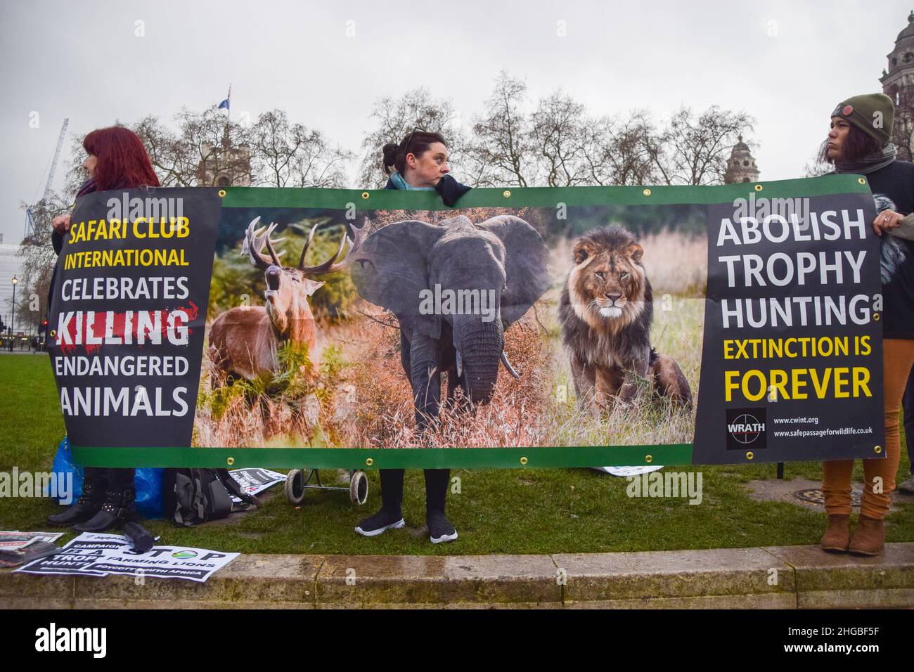 London, UK. 19th Jan, 2022. Protesters hold an anti-trophy hunting banner during the Worldwide Rally Against Trophy Hunting.Activists gathered at Parliament Square calling for a ban on trophy hunting and trophy hunting imports. (Photo by Vuk Valcic/SOPA Images/Sipa USA) Credit: Sipa USA/Alamy Live News Stock Photo