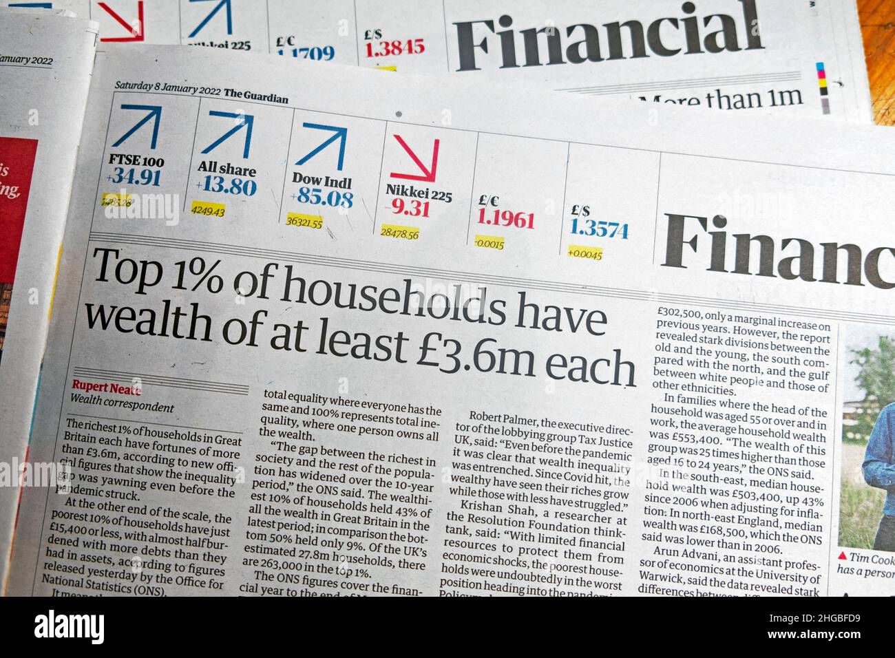 'Top 1% of households have wealth of at least £3.6m each' Guardian Financial page headline clipping article on 8 January 2022 London England UK Stock Photo