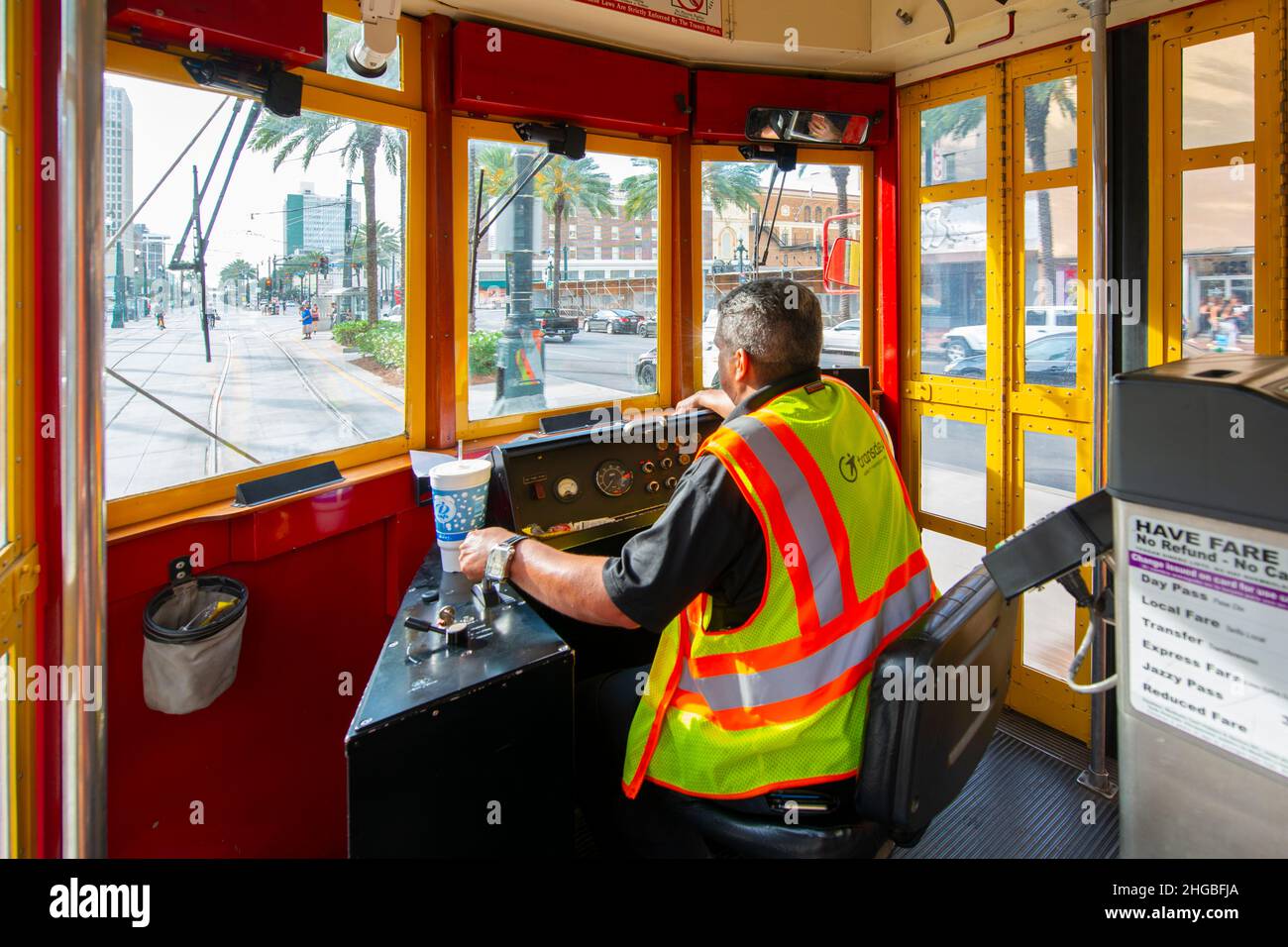 Interior view of RTA Streetcar Canal Line Route 47 in French Quarter in downtown New Orleans, Louisiana LA, USA. Stock Photo