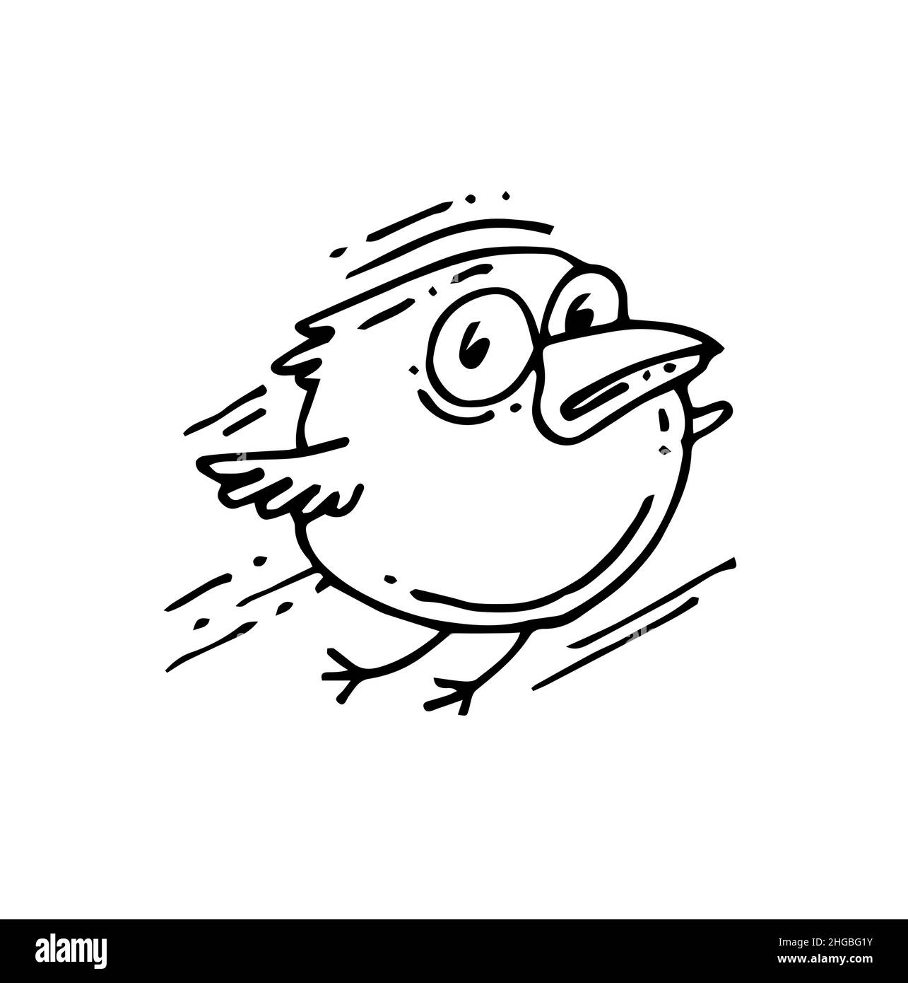 Round flying bird. Cartoon character. Outline sketch. Hand drawing is isolated on a white background. Vector Stock Vector