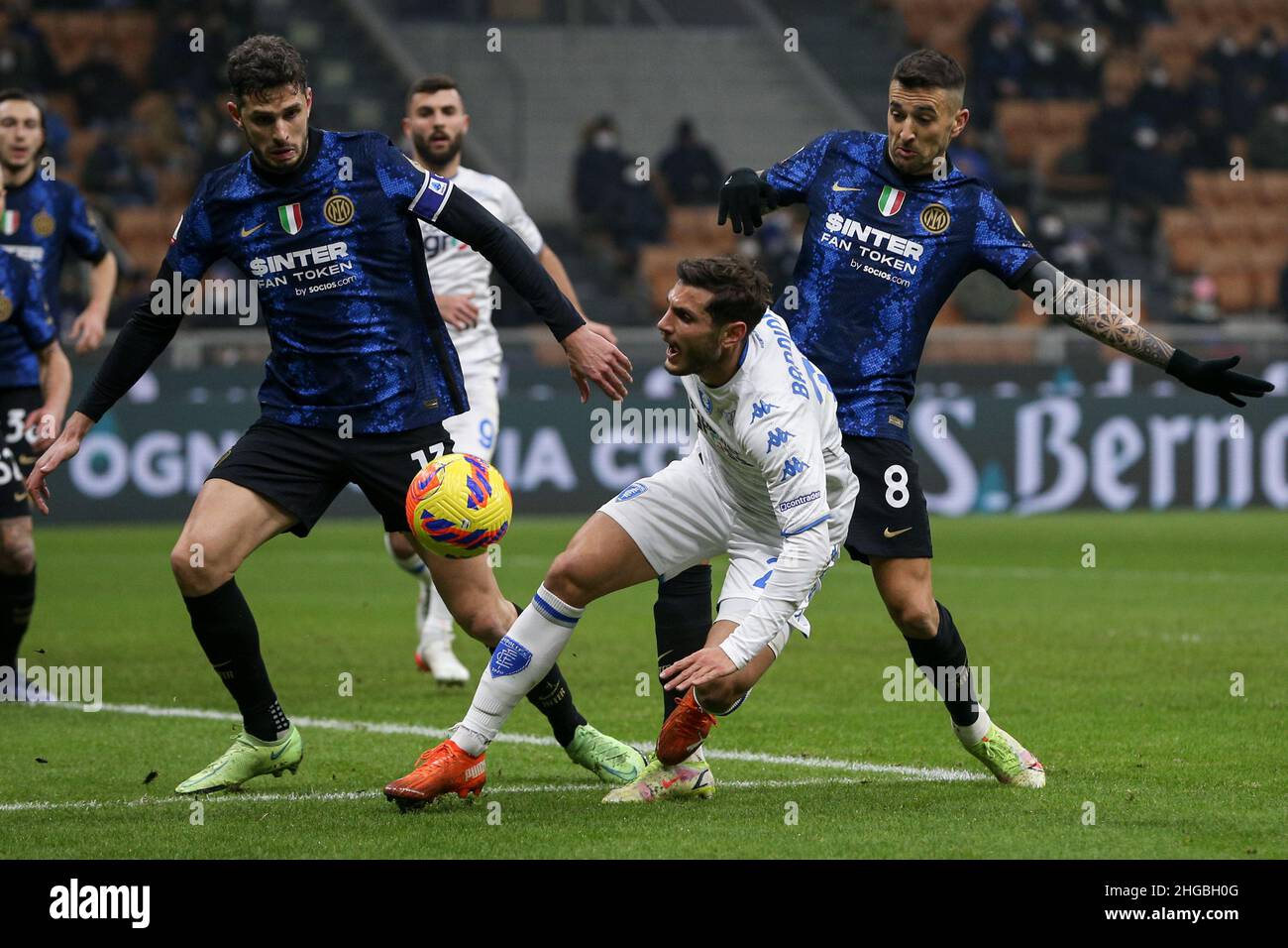 Milan, Italy. 19th Jan, 2022. Filippo Bandinelli (Empoli FC) goes down in the penalty area after a contrast with Matias Vecino (FC Internazionale) and Andrea Ranocchia (FC Internazionale) during Inter - FC Internazionale vs Empoli FC, Italian football Coppa Italia match in Milan, Italy, January 19 2022 Credit: Independent Photo Agency/Alamy Live News Stock Photo