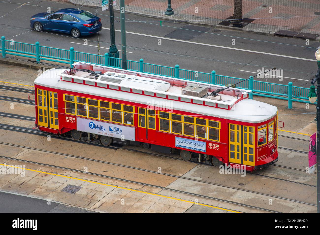 RTA Streetcar Canal Line Route 47 at S Peters Street terminal in French Quarter in downtown New Orleans, Louisiana LA, USA. Stock Photo