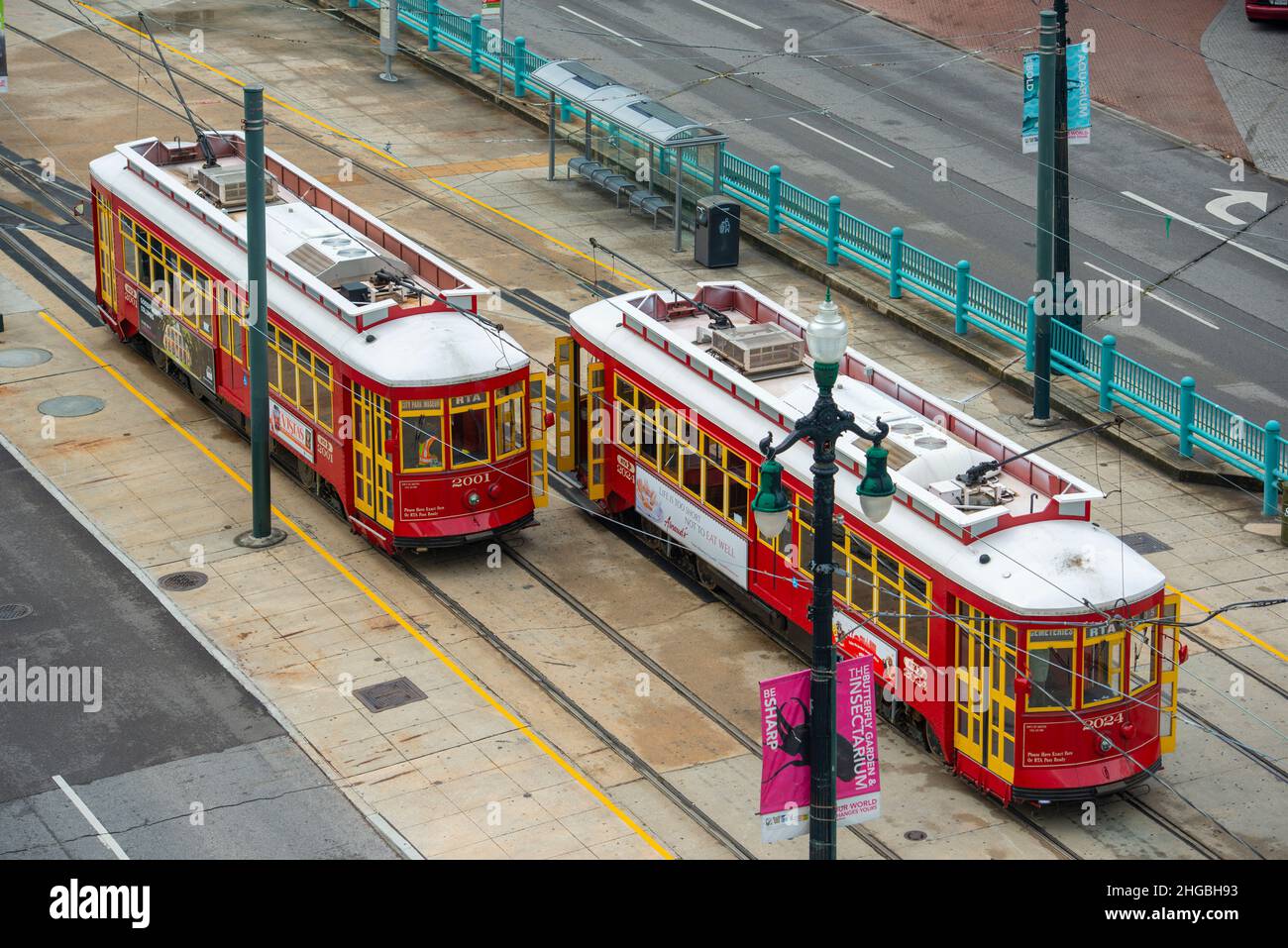 RTA Streetcar Canal Line Route 47 at S Peters Street terminal in French Quarter in downtown New Orleans, Louisiana LA, USA. Stock Photo