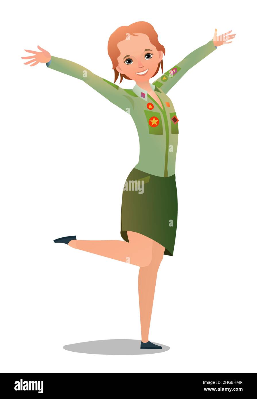 Pretty little girl in scout uniform with badges. Cheerful girl