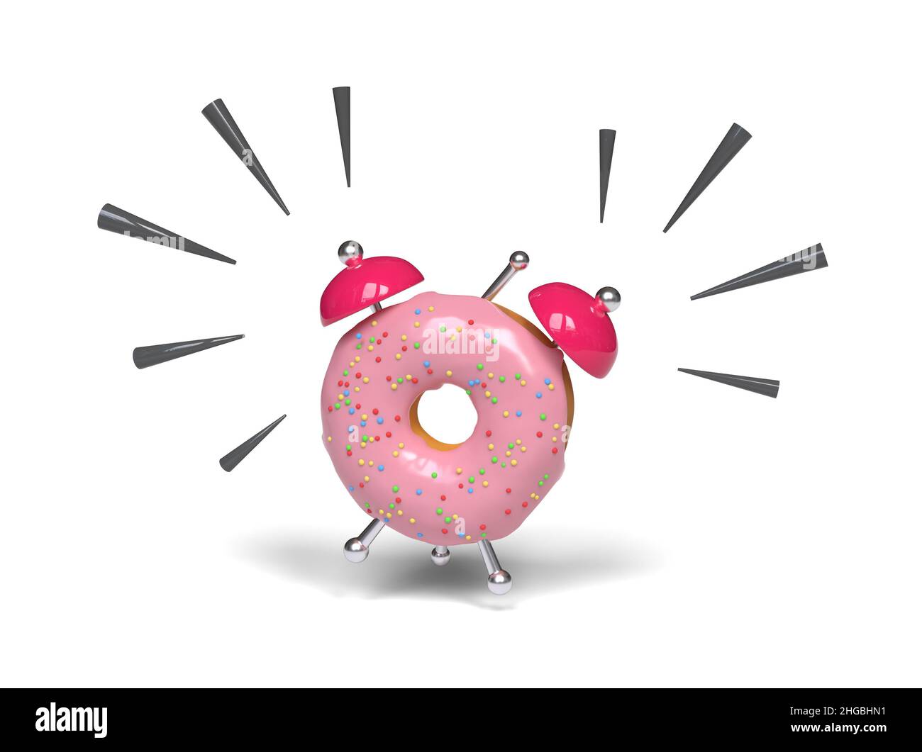 Cute donut shape alarm clock ringing. 3D illustration. Stock Photo
