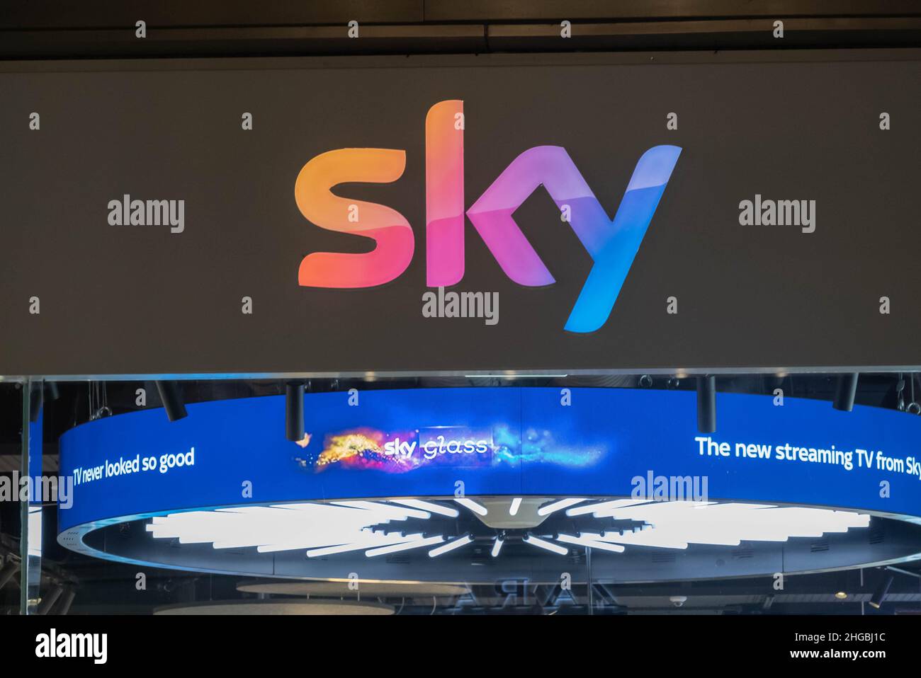 Sky store sign in Liverpool One shopping centre Stock Photo