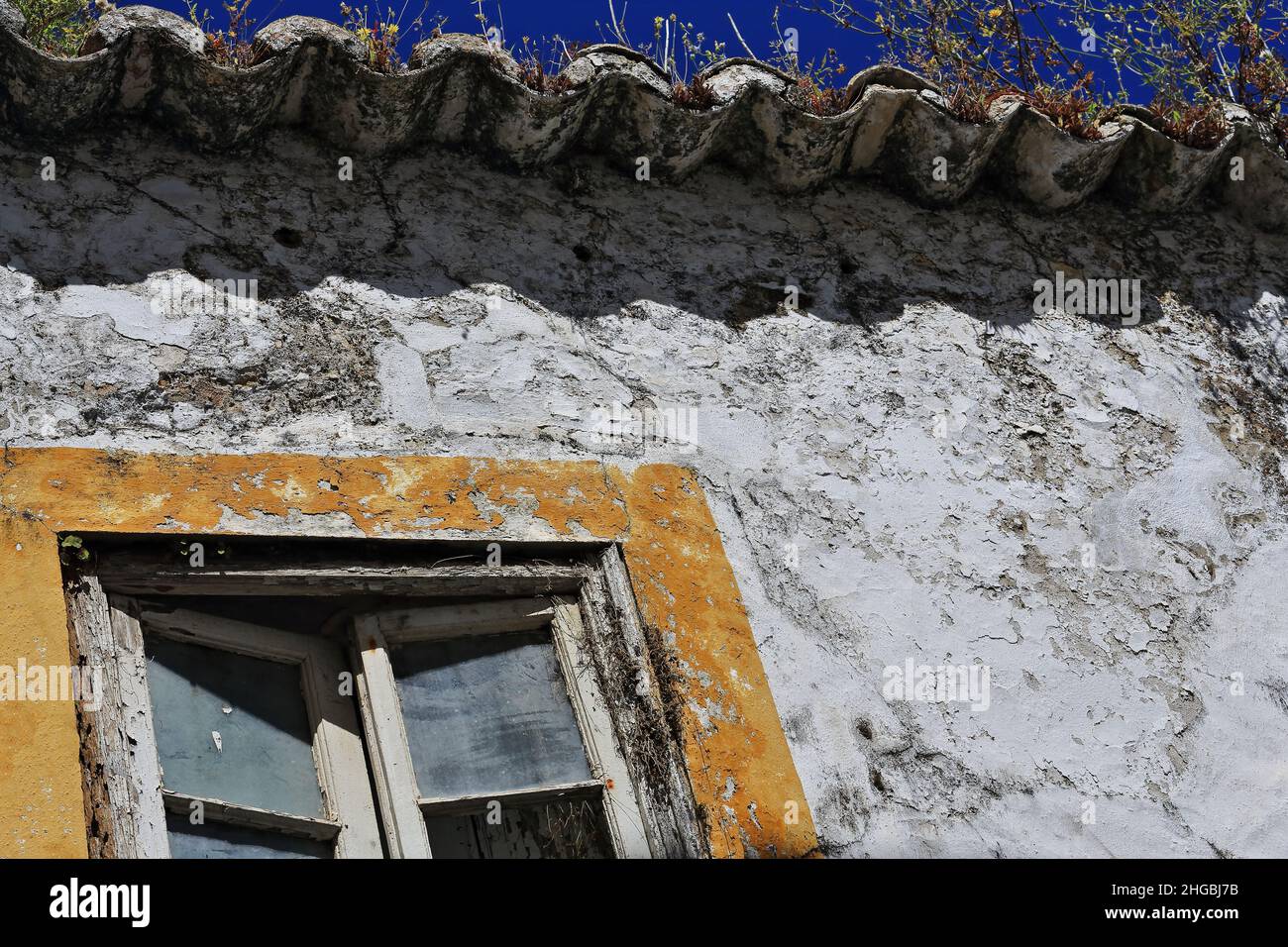 Chipped white wall-long abandoned house-open window-plant covered roof overhang. Tavira-Portugal-072 Stock Photo