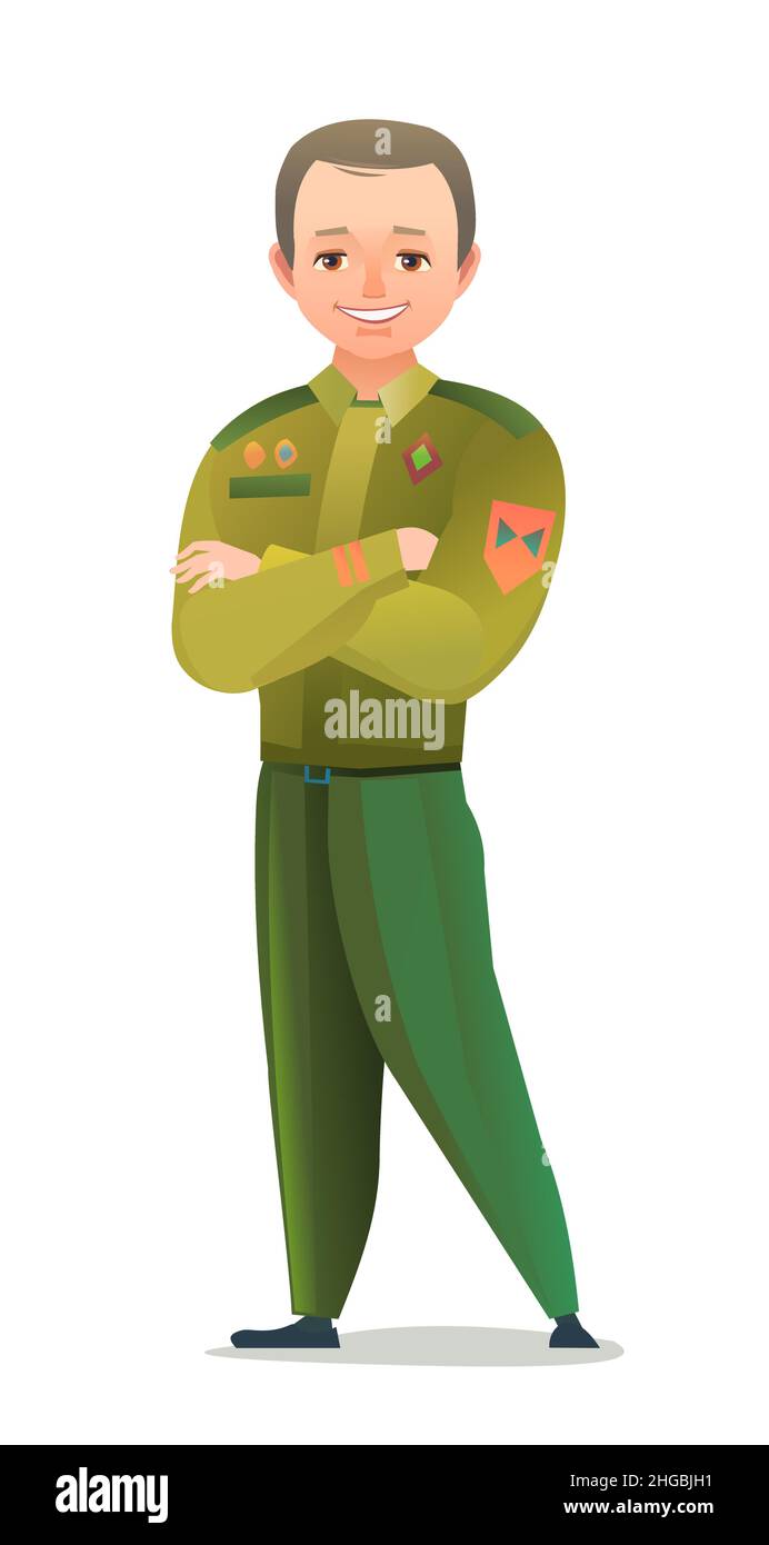 Pretty little boy in scout uniform with badges. Cheerful guy. Standing pose. Cartoon flat design in comic style. Single character. Illustration Stock Vector