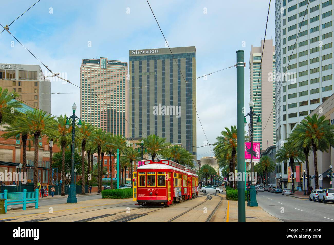 RTA Streetcar Canal Line Route 47 at Peters Street station in Franch Quarter in downtown New Orleans, Louisiana LA, USA. Stock Photo