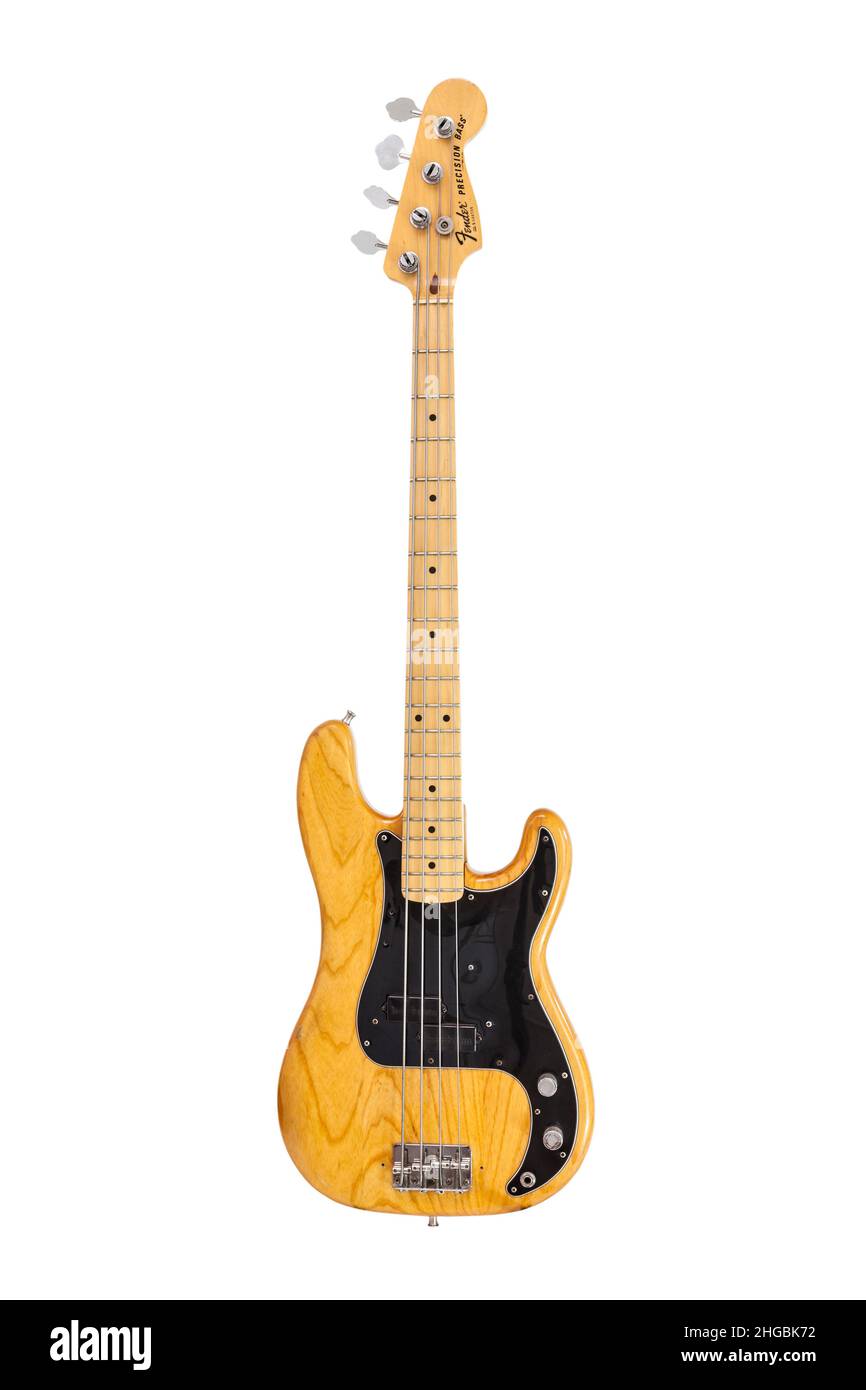 Illustrative editorial photo of vintage Fender Precision electric bass guitar on white background on June 19, 2014 in Los Angeles, California, USA. Stock Photo