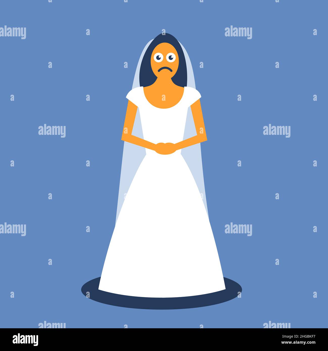 Abandoned bride - sad, unhappy and miserable woman wearing wedding dress is standing alone and lonely without groom. Frowning face. Vector illustratio Stock Photo