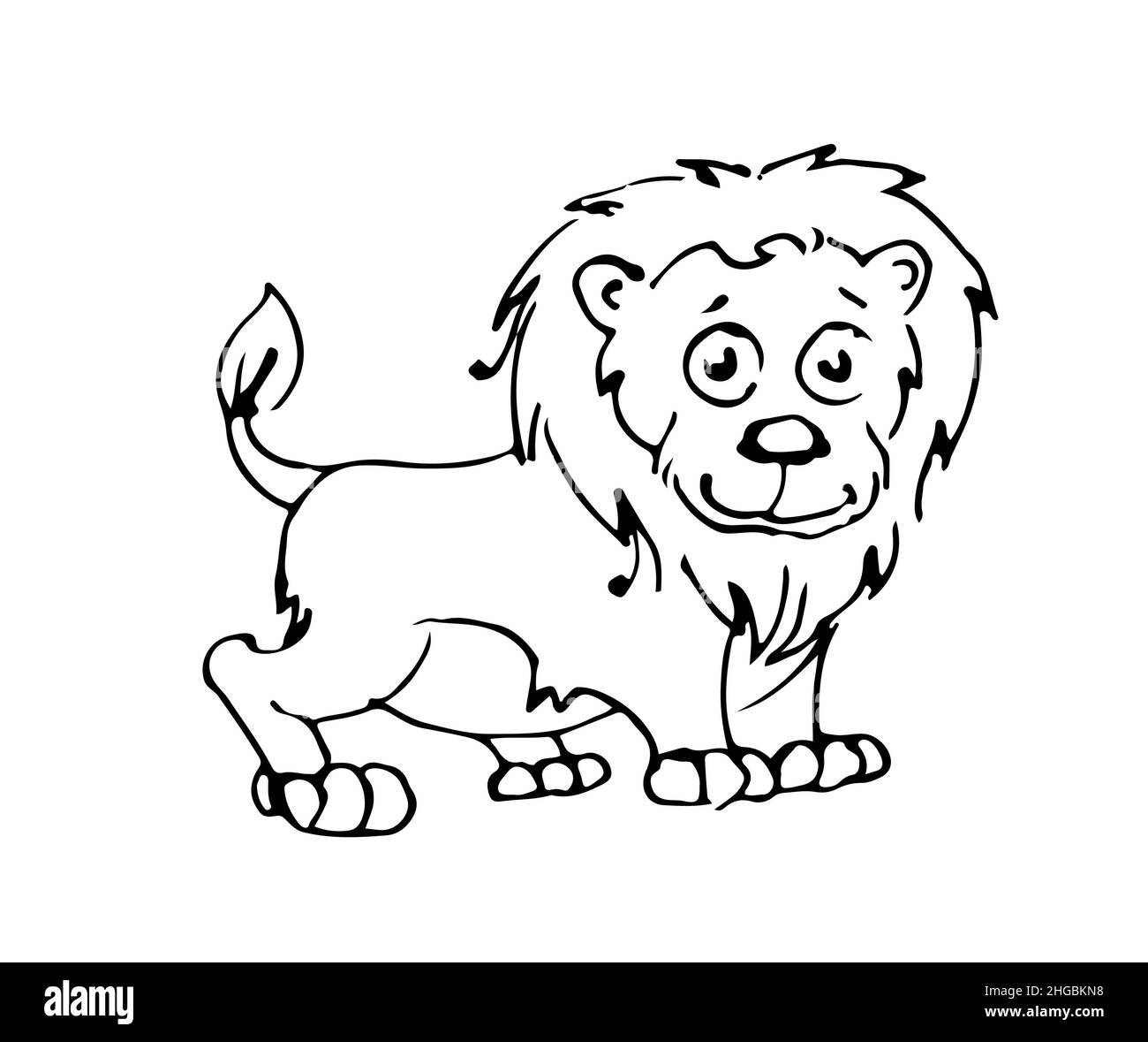 Lion funny. Cheerful wild animal. A comical character. Outline sketch. Hand drawing is isolated on a white background. Vector Stock Vector