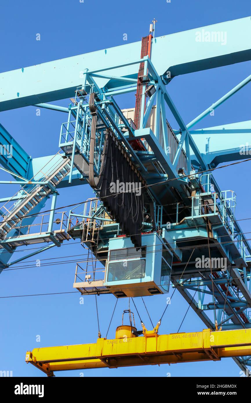 Gantry crane cabin. Steel structure in port used for lifting heavy