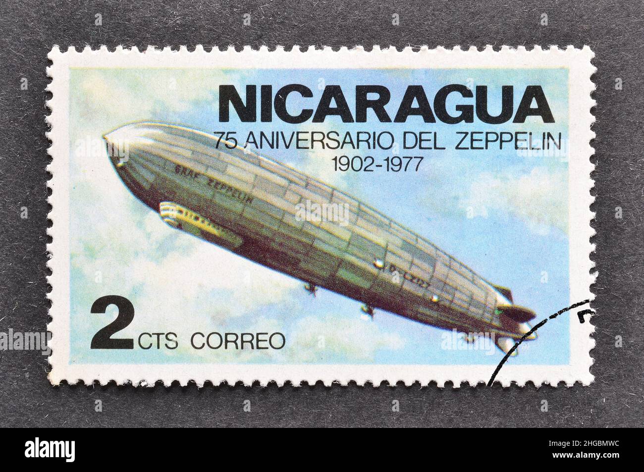 Cancelled postage stamp printed by Nicaragua, that shows Zeppelin, First Zeppelin Flight, 75th